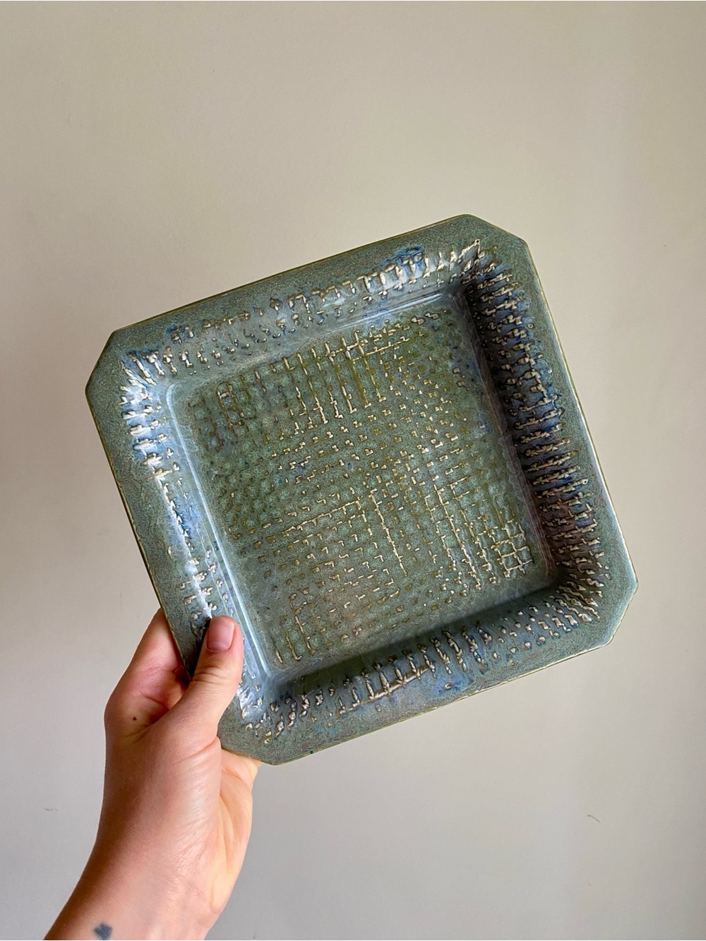 Vintage Handmade Set of 2 Rustic Heavy Square Ceramic Plates - Picture 2 of 5